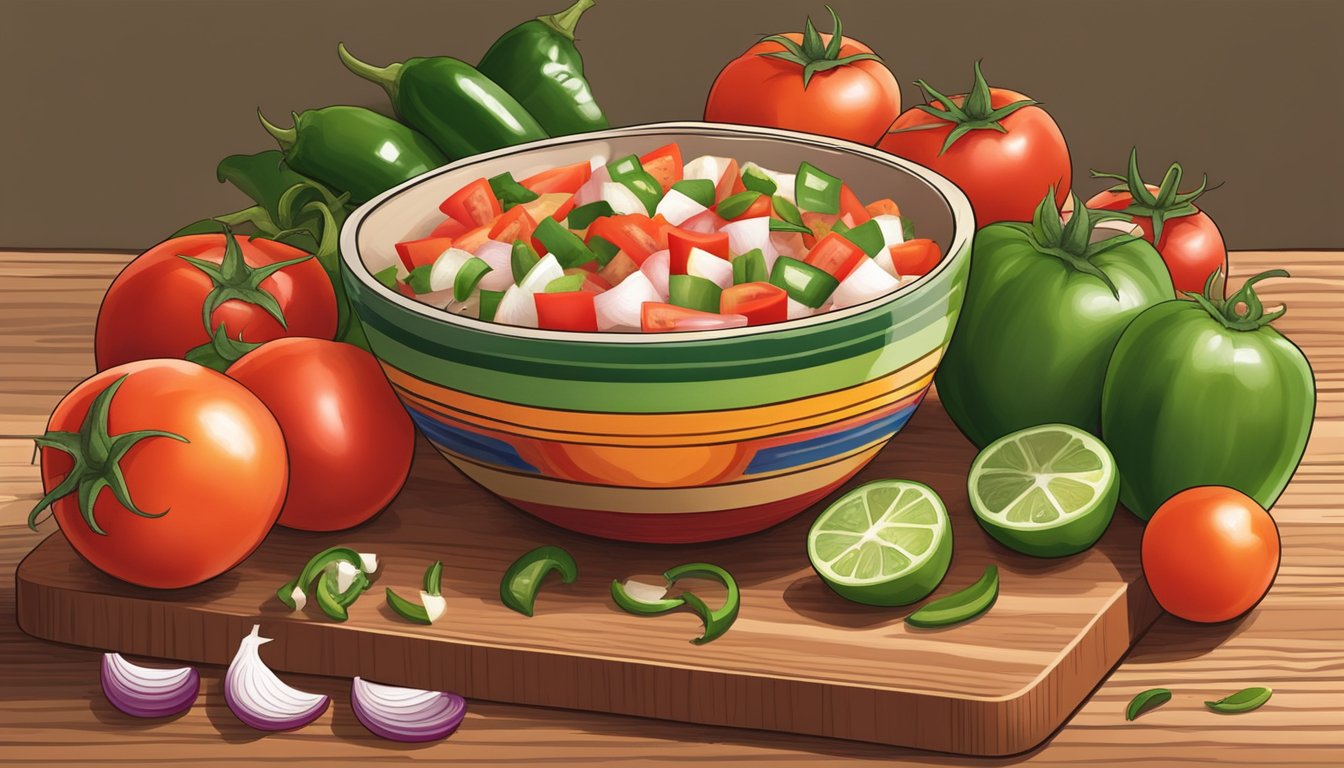 A colorful bowl of pico de gallo surrounded by fresh tomatoes, onions, and jalapeños on a wooden cutting board