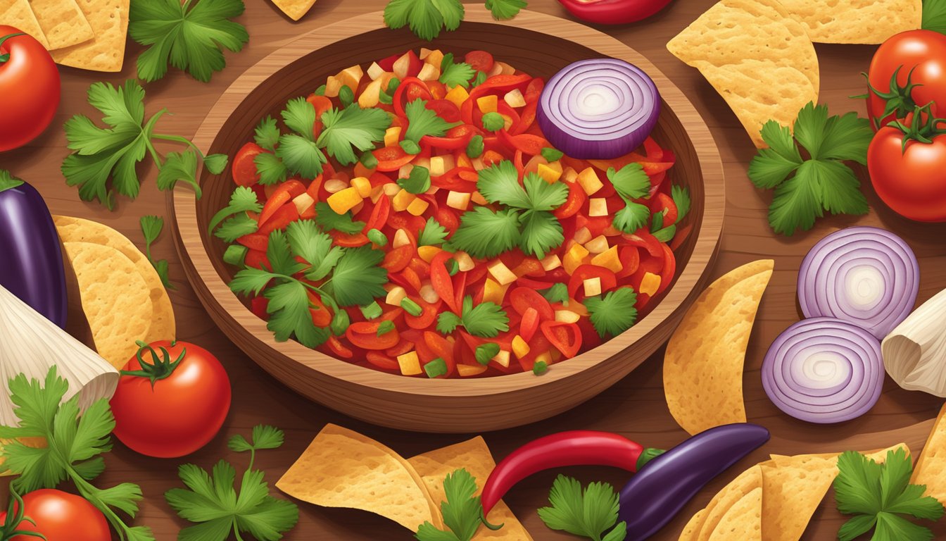 A wooden bowl filled with vibrant diced tomatoes, onions, and cilantro, surrounded by colorful chili peppers and tortilla chips