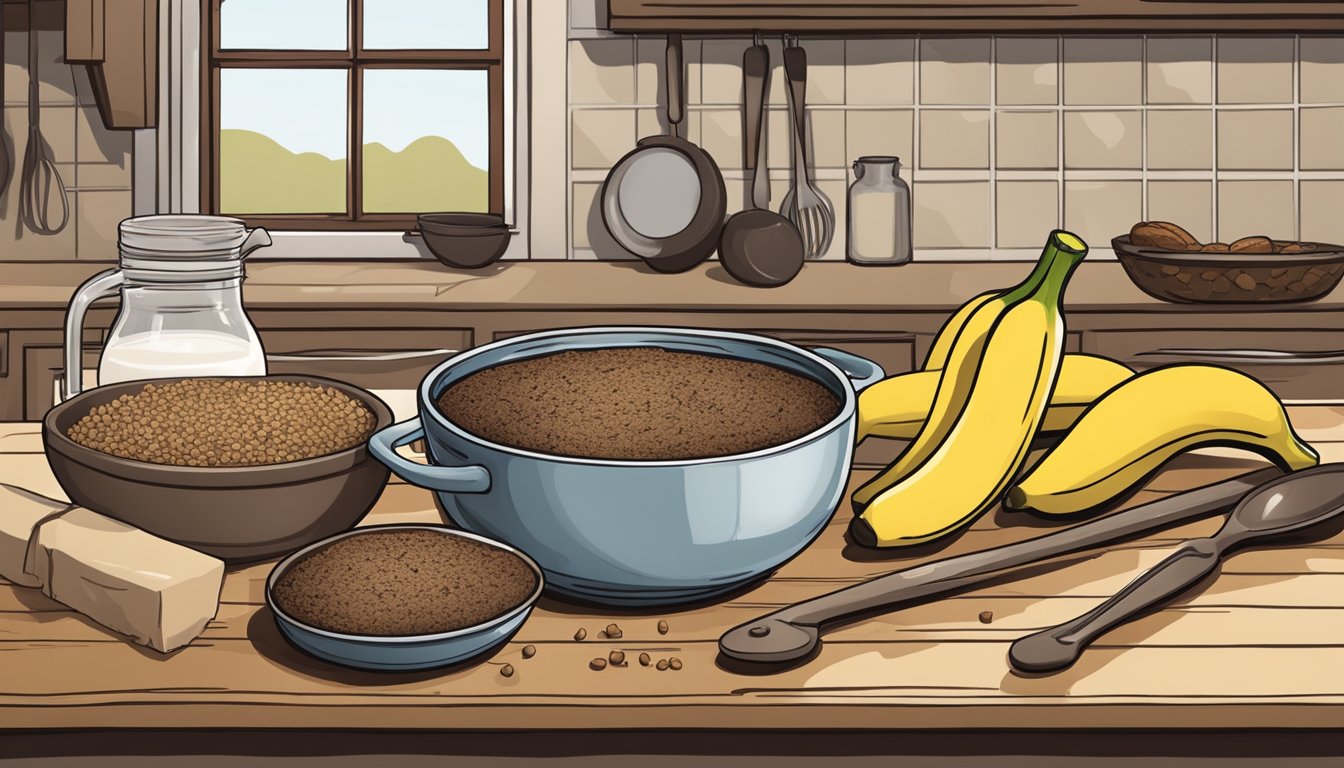 A rustic kitchen with Texan decor, featuring a mixing bowl, wooden spoon, measuring cups, and a loaf of quinoa chocolate chunk banana bread cooling on a wire rack