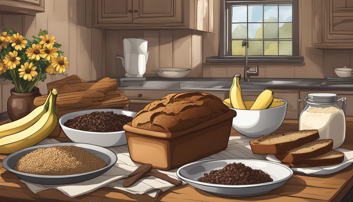 A rustic kitchen table with a freshly baked loaf of chocolate chunk banana bread surrounded by ingredients like quinoa, chocolate chunks, and Texas-style spices