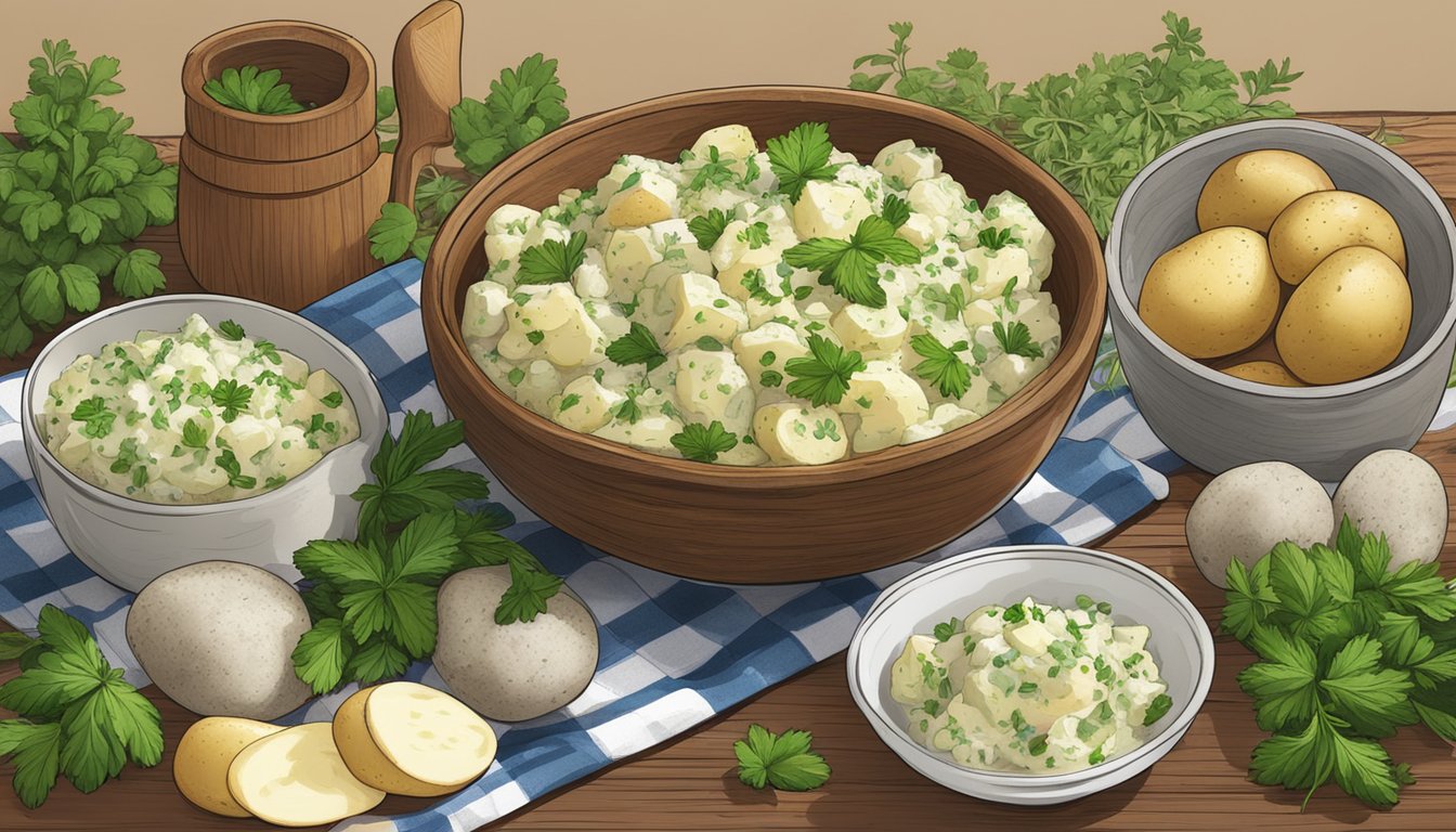 A rustic wooden table with a bowl of creamy herb potato salad surrounded by fresh herbs and a pile of Texas-style potatoes