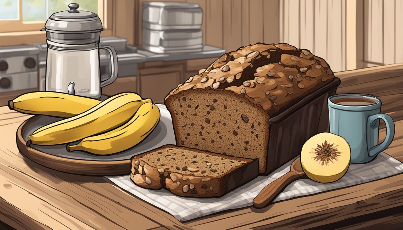 A rustic kitchen with a wooden table set with a loaf of Texas-style quinoa chocolate chunk banana bread and serving suggestions