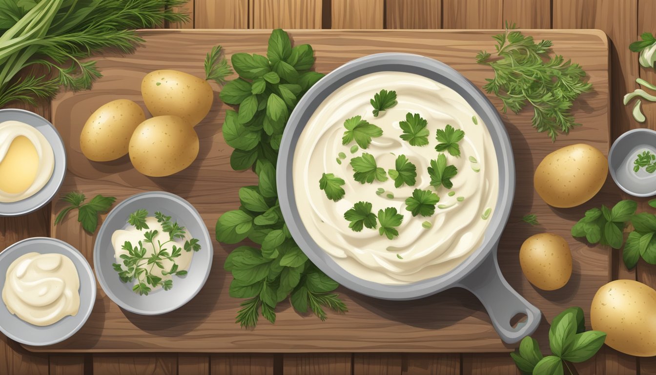 A rustic wooden cutting board with peeled potatoes, fresh herbs, and a bowl of creamy dressing