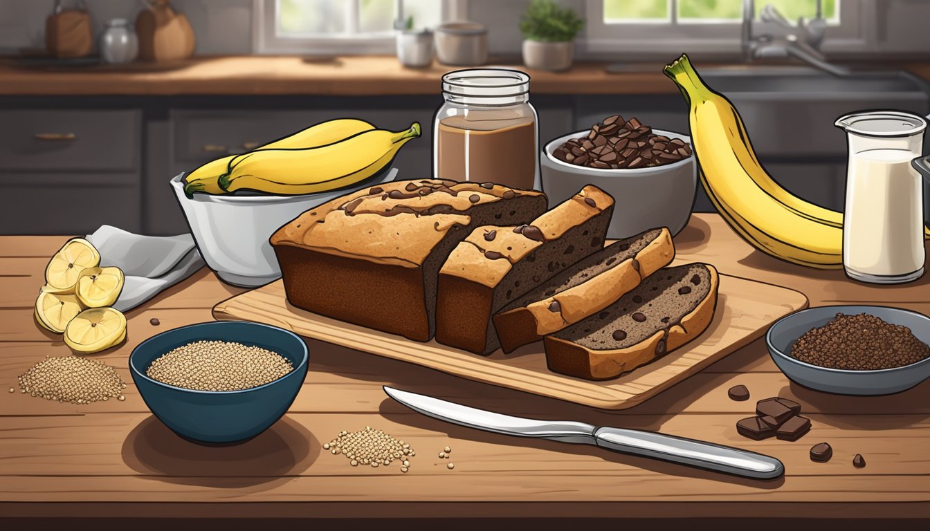 A rustic kitchen table with a freshly baked loaf of quinoa chocolate chunk banana bread, surrounded by Texas-inspired health ingredients