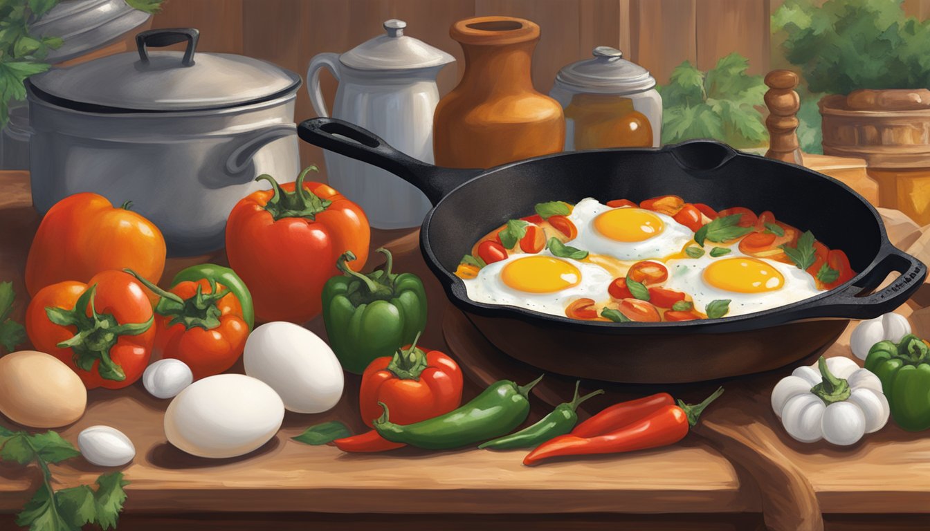 A cast iron skillet simmering with tomatoes, bell peppers, and eggs, surrounded by Texas-themed decor and cultural artifacts