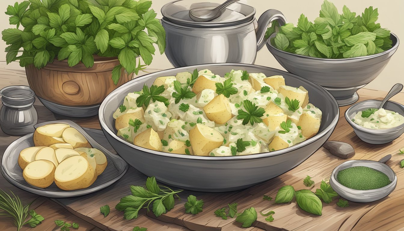 A rustic wooden table set with a bowl of creamy herb potato salad, surrounded by fresh herbs and spices