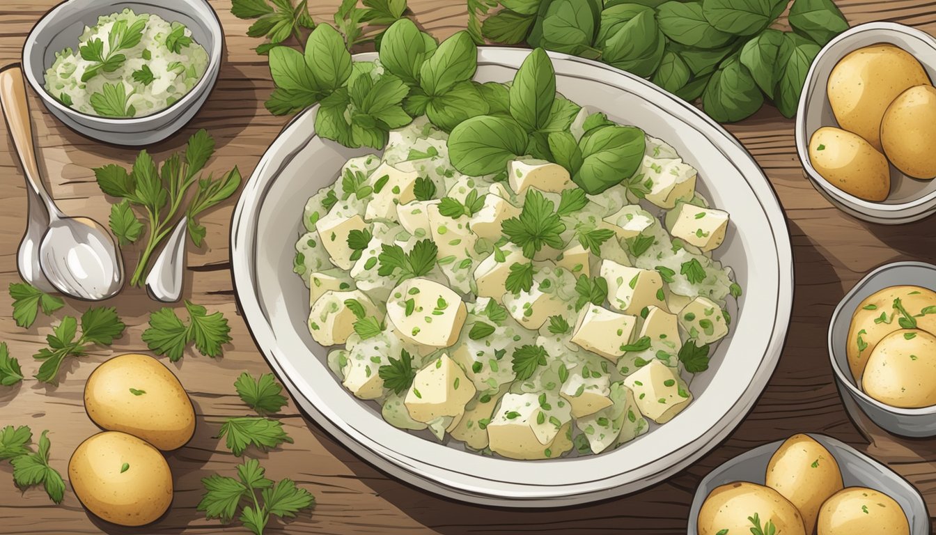 A rustic wooden table with a bowl of creamy herb potato salad surrounded by fresh herbs and spices