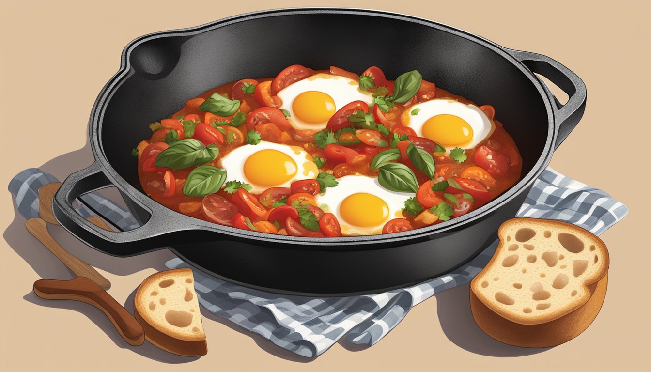 A steaming cast iron skillet filled with bubbling tomato sauce, bell peppers, onions, and eggs, accompanied by a side of warm, crusty bread