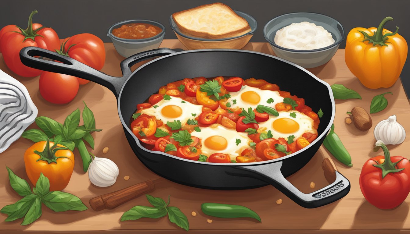 A cast iron skillet simmering with tomatoes, bell peppers, onions, and a blend of Texas-style spices, creating a warm and comforting shakshouka for a cold morning