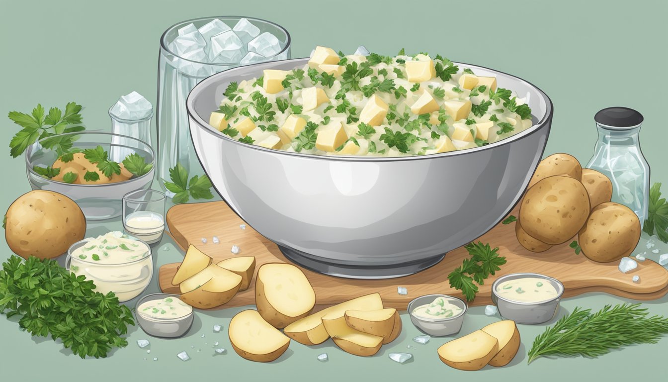 A large mixing bowl filled with diced potatoes, chopped herbs, and creamy dressing, surrounded by ice to chill