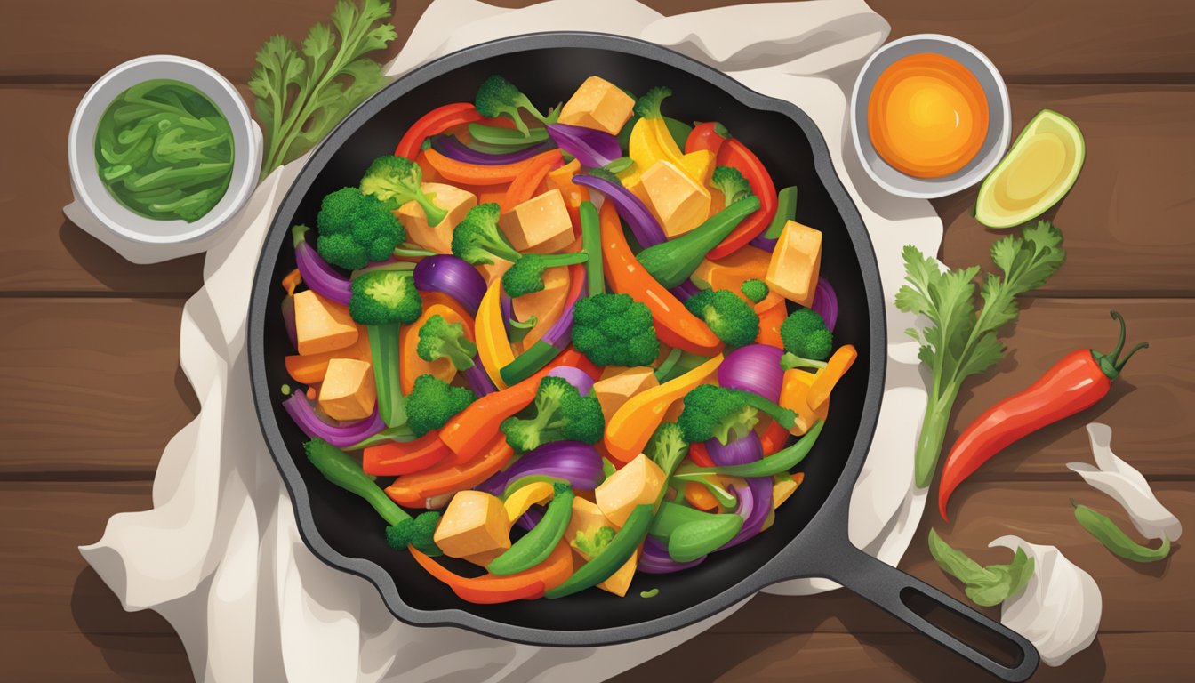 A sizzling skillet of colorful vegetables and sizzling in a Texas-style stir-fry