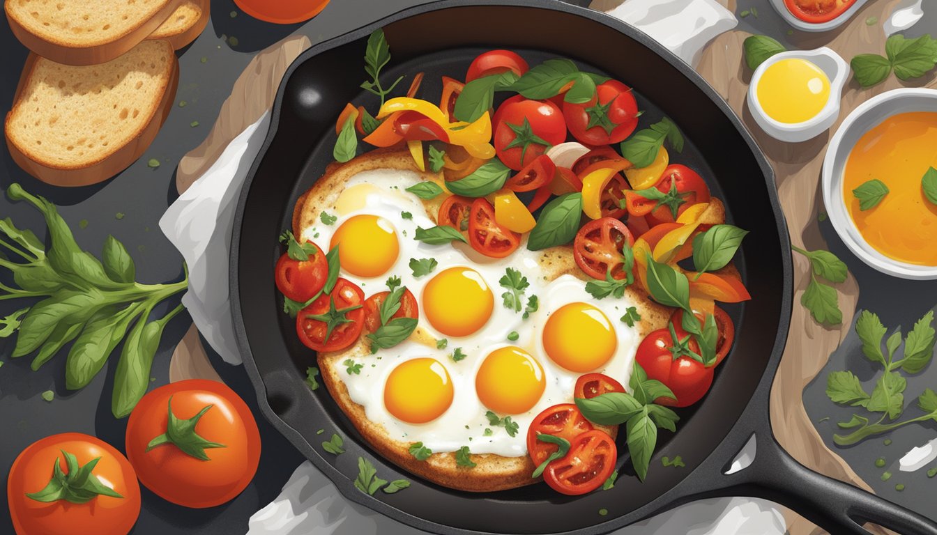 A cast iron skillet sizzles with tomatoes, peppers, and eggs, surrounded by warm spices and a side of toasted bread