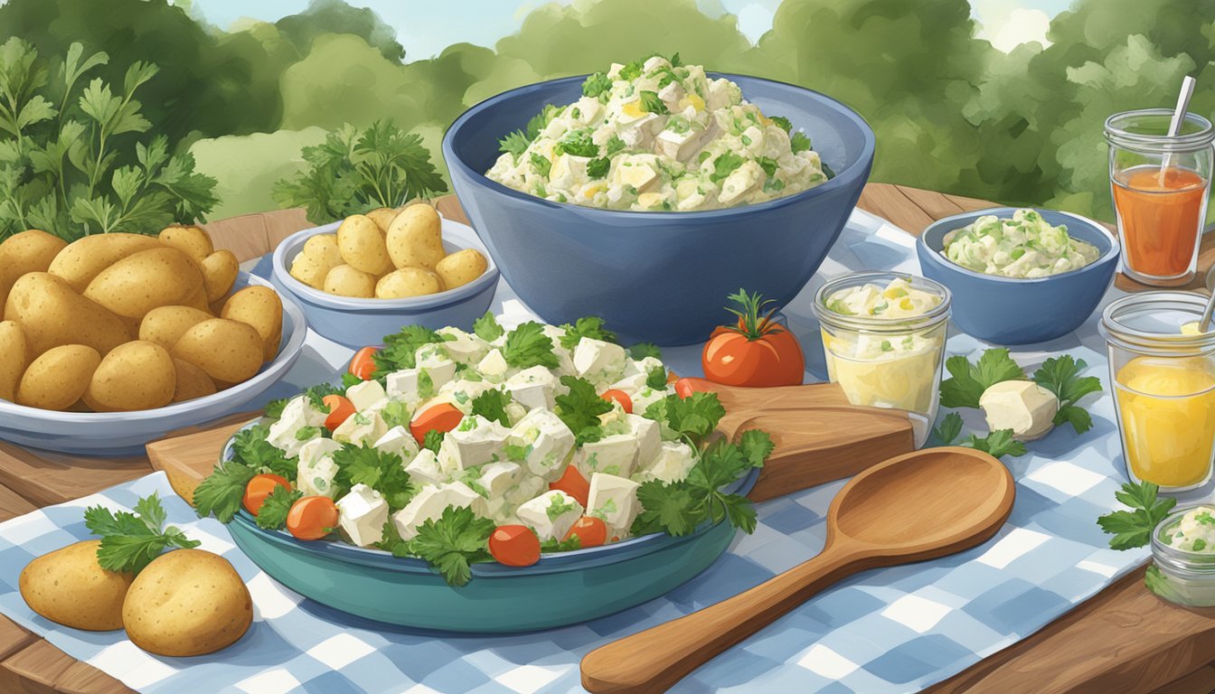 A picnic table set with a large bowl of creamy herb potato salad surrounded by fresh ingredients and Texas-inspired decor