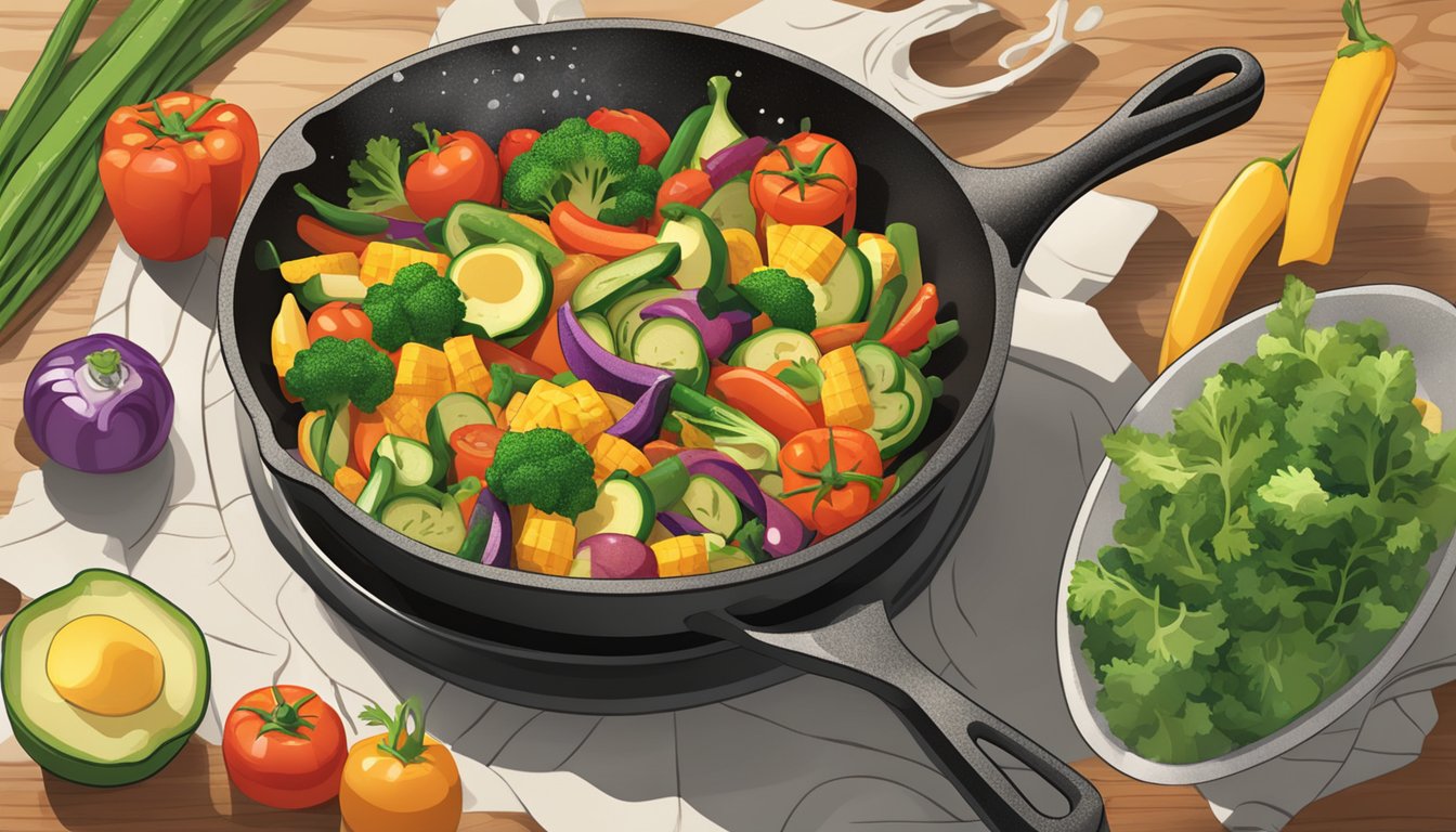 A sizzling skillet filled with a colorful array of fresh vegetables being tossed together with savory seasonings in a Texas kitchen