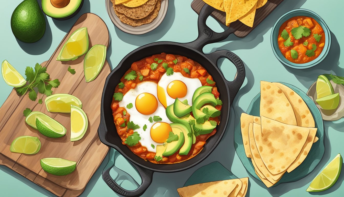 A steaming cast iron skillet filled with traditional vegetarian shakshouka surrounded by warm tortillas and a side of fresh avocado slices