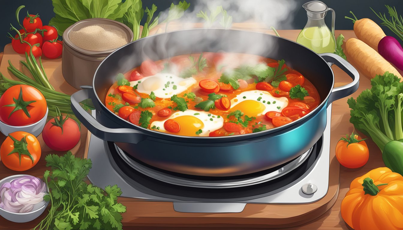 A steaming pot of shakshouka simmering on a stovetop, surrounded by colorful vegetables and spices