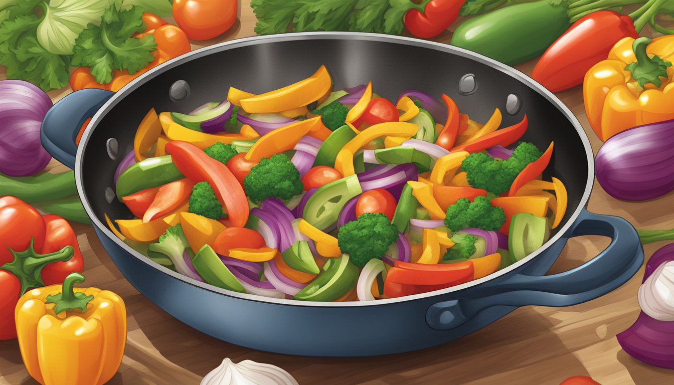 A sizzling skillet with a colorful array of diced vegetables, including bell peppers, onions, and tomatoes, cooking in a Texas-style rainbow veggie stir-fry