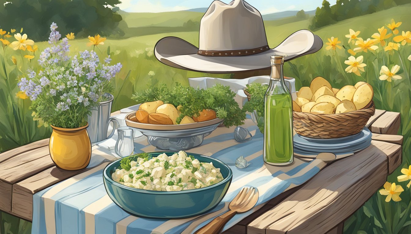 A rustic picnic table with a spread of creamy herb potato salad surrounded by Texan wildflowers and a cowboy hat