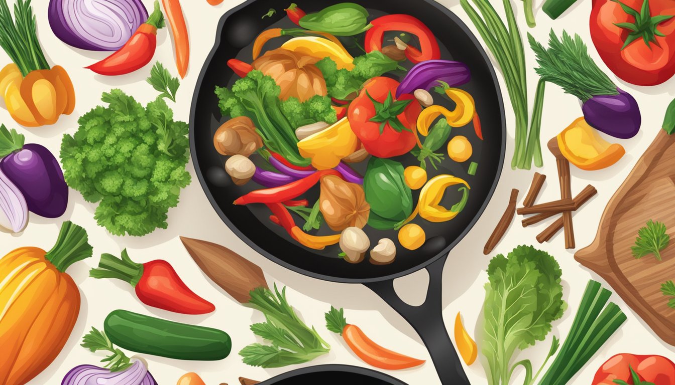 A sizzling skillet of colorful vegetables and spices, emitting a tantalizing aroma