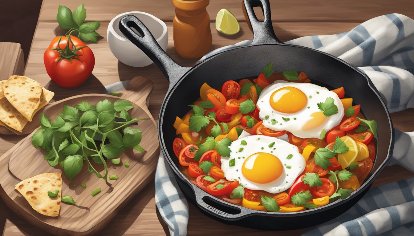 A cast iron skillet simmering with tomatoes, peppers, and spices, topped with poached eggs and served with warm tortillas on a cozy kitchen table