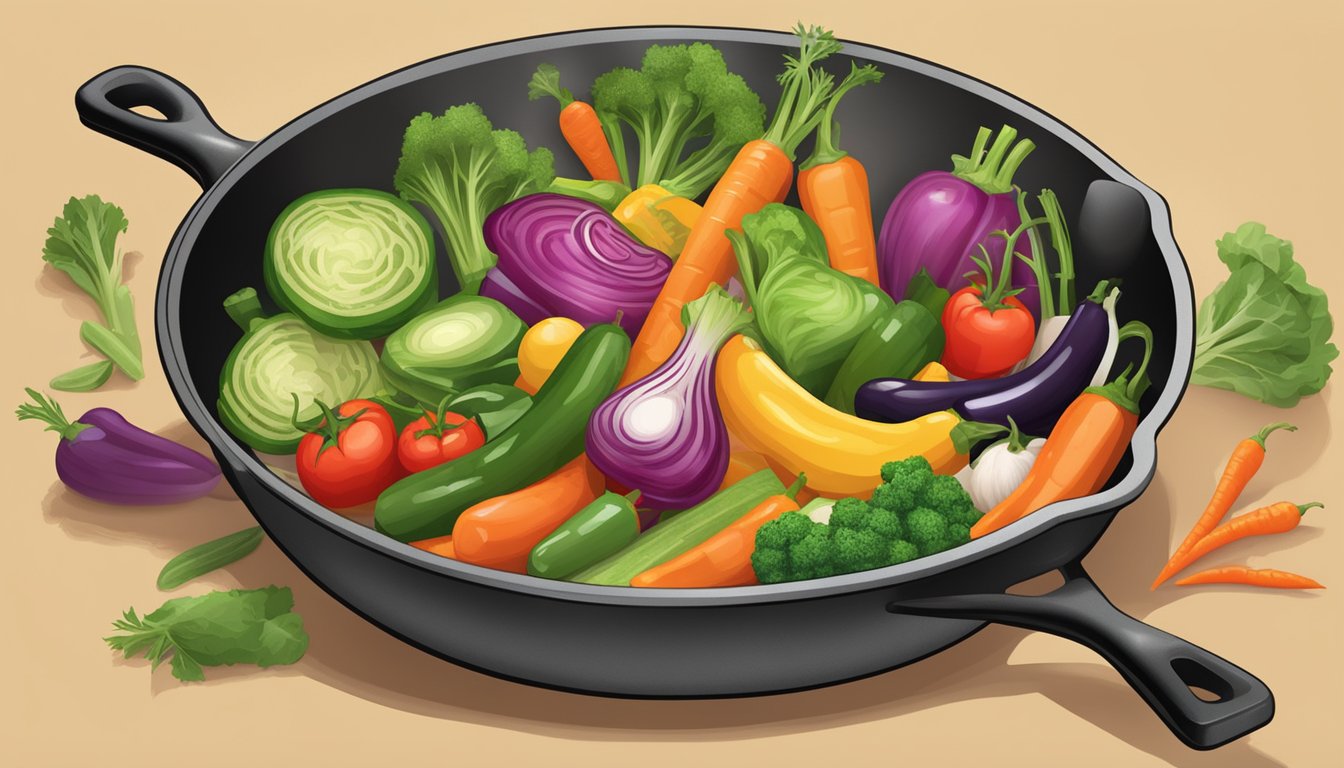 A colorful array of fresh vegetables sizzling in a hot skillet, emitting a mouthwatering aroma of Texas-style seasoning