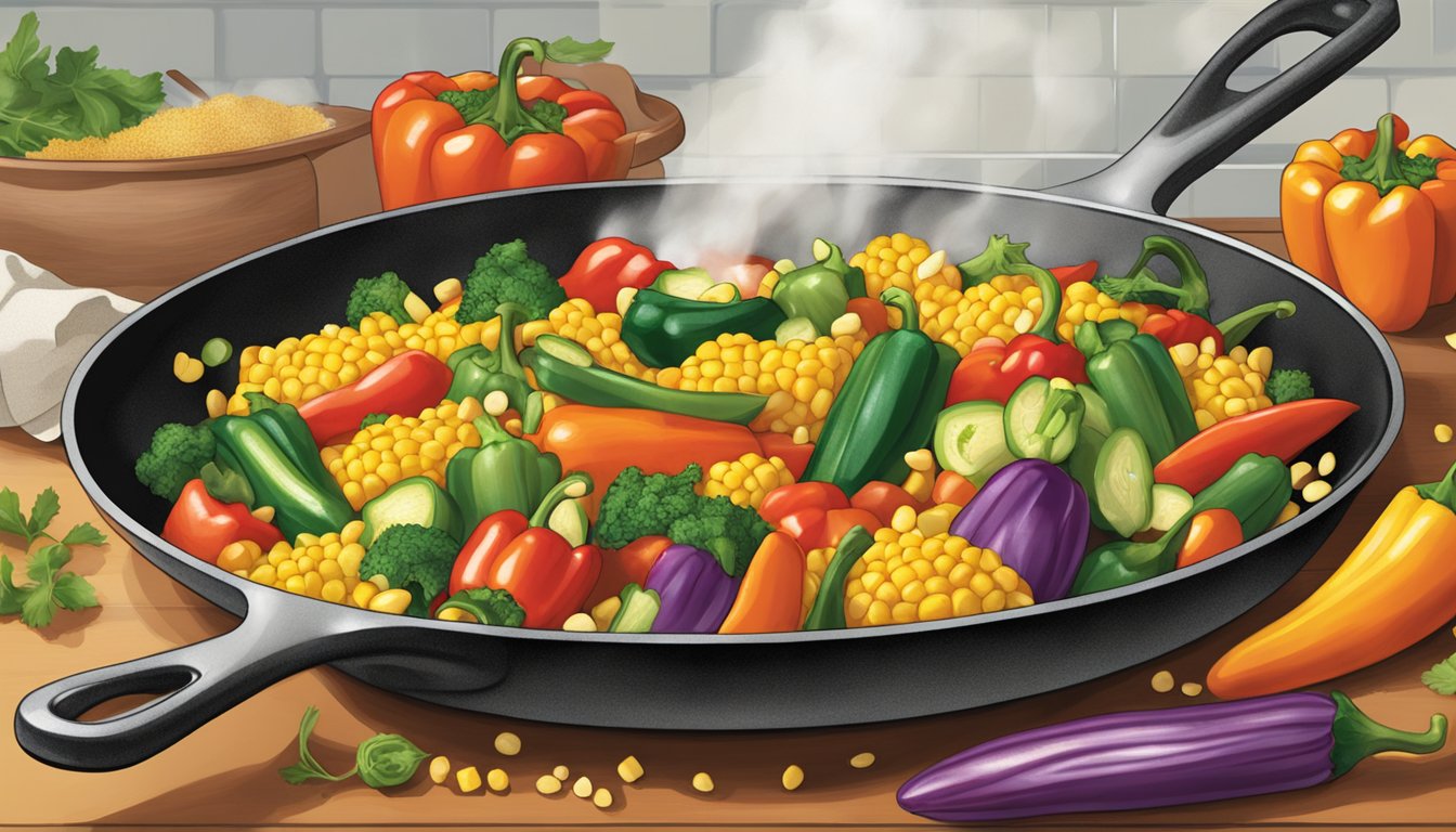 A sizzling skillet of colorful vegetables, including bell peppers, corn, and okra, being tossed together with spices in a Texas kitchen