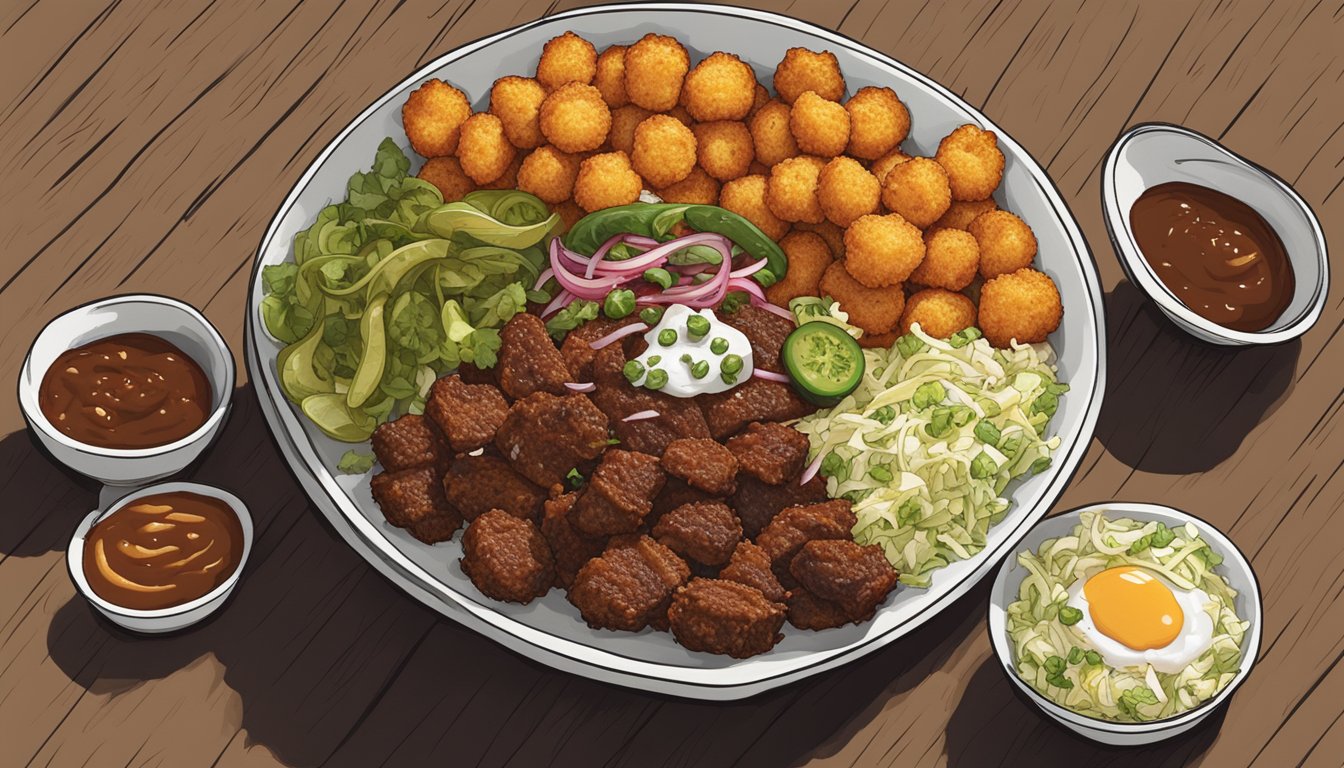 A large, rustic bowl filled with layers of smoked brisket, spicy jalapenos, tangy BBQ sauce, and creamy coleslaw, all atop a bed of crispy tater tots