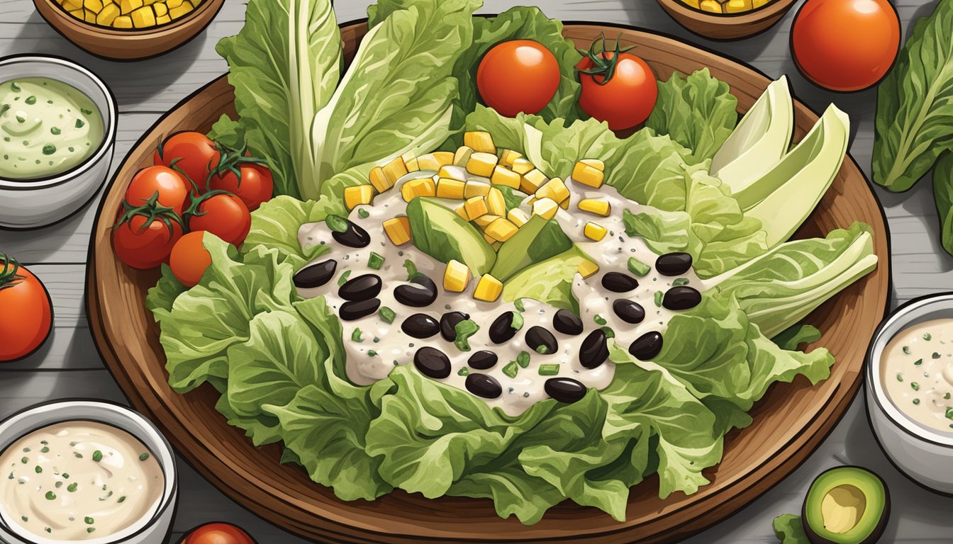 A rustic wooden table with a large bowl filled with fresh romaine lettuce, grilled chicken, cherry tomatoes, avocado, corn, black beans, and a drizzle of creamy Caesar dressing