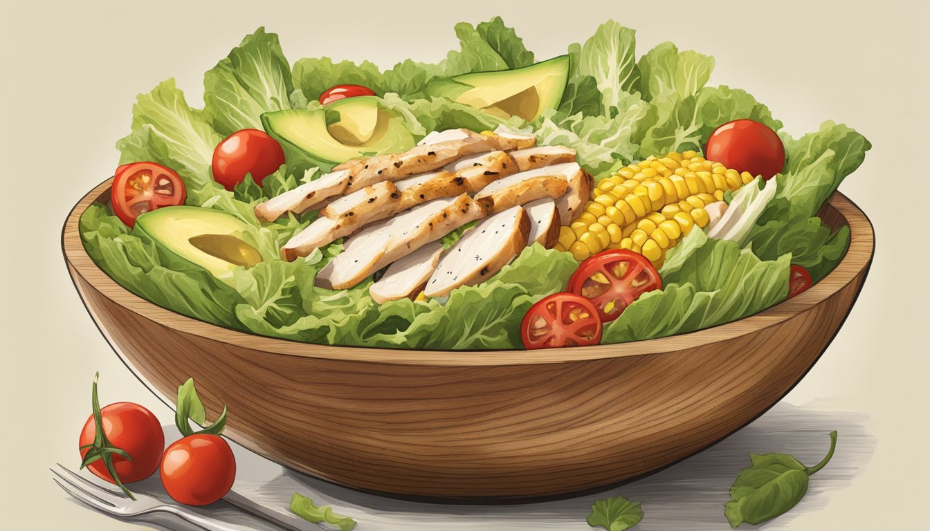 A large wooden bowl filled with grilled chicken, romaine lettuce, cherry tomatoes, avocado, and corn, all drizzled with a zesty Texas-style Caesar dressing