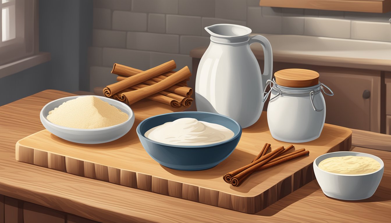 A rustic kitchen counter with a wooden cutting board, a bowl of flour, a jug of buttermilk, a jar of cinnamon, and a stick of butter