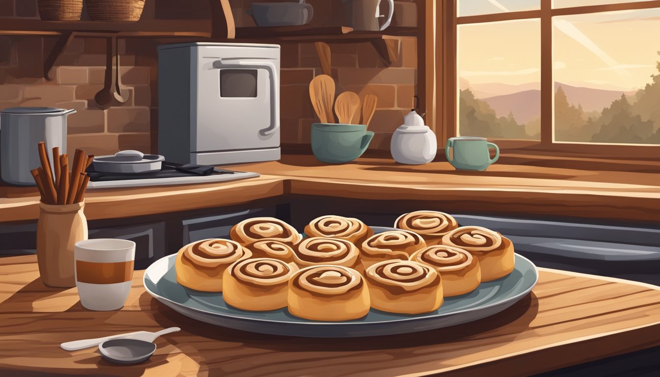 A rustic kitchen counter with a tray of warm cinnamon rolls, surrounded by Texas-themed decor and a cozy, inviting atmosphere