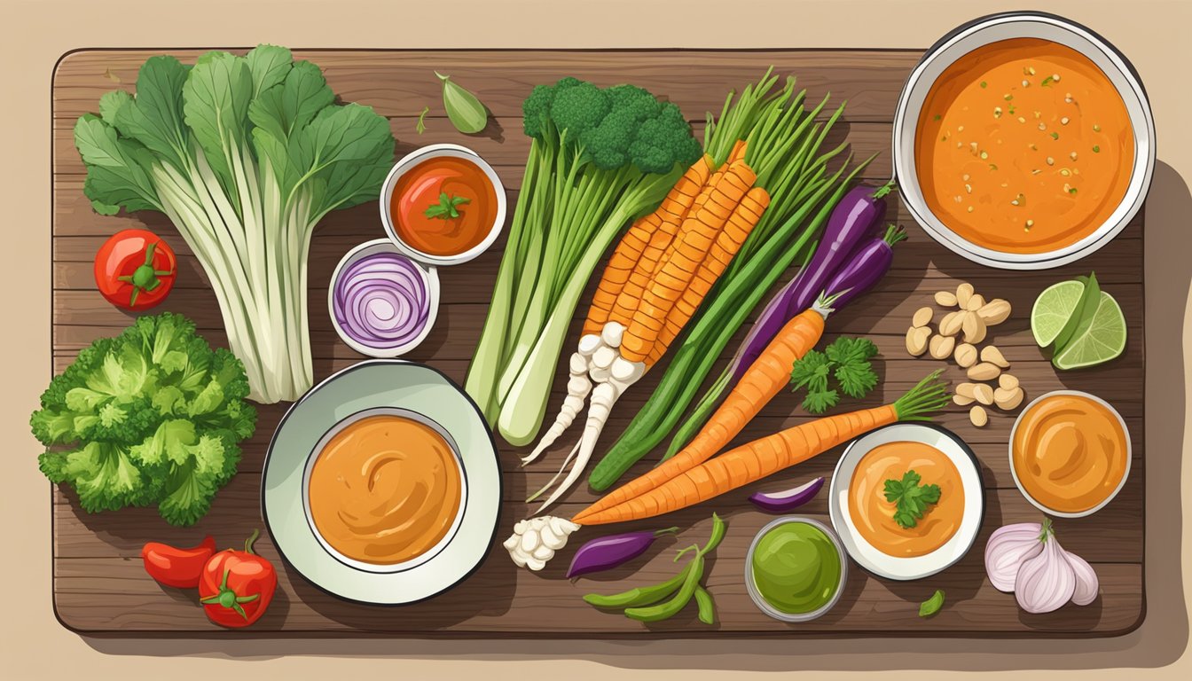 A colorful array of fresh vegetables and herbs arranged on a wooden cutting board, with a bowl of spicy Thai peanut sauce on the side