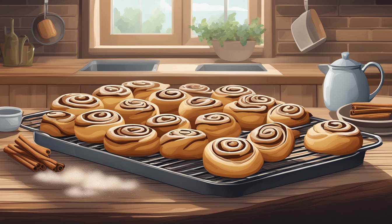 A rustic kitchen with a wooden table covered in flour, cinnamon, and sugar. A tray of freshly baked cinnamon rolls sits on a cooling rack