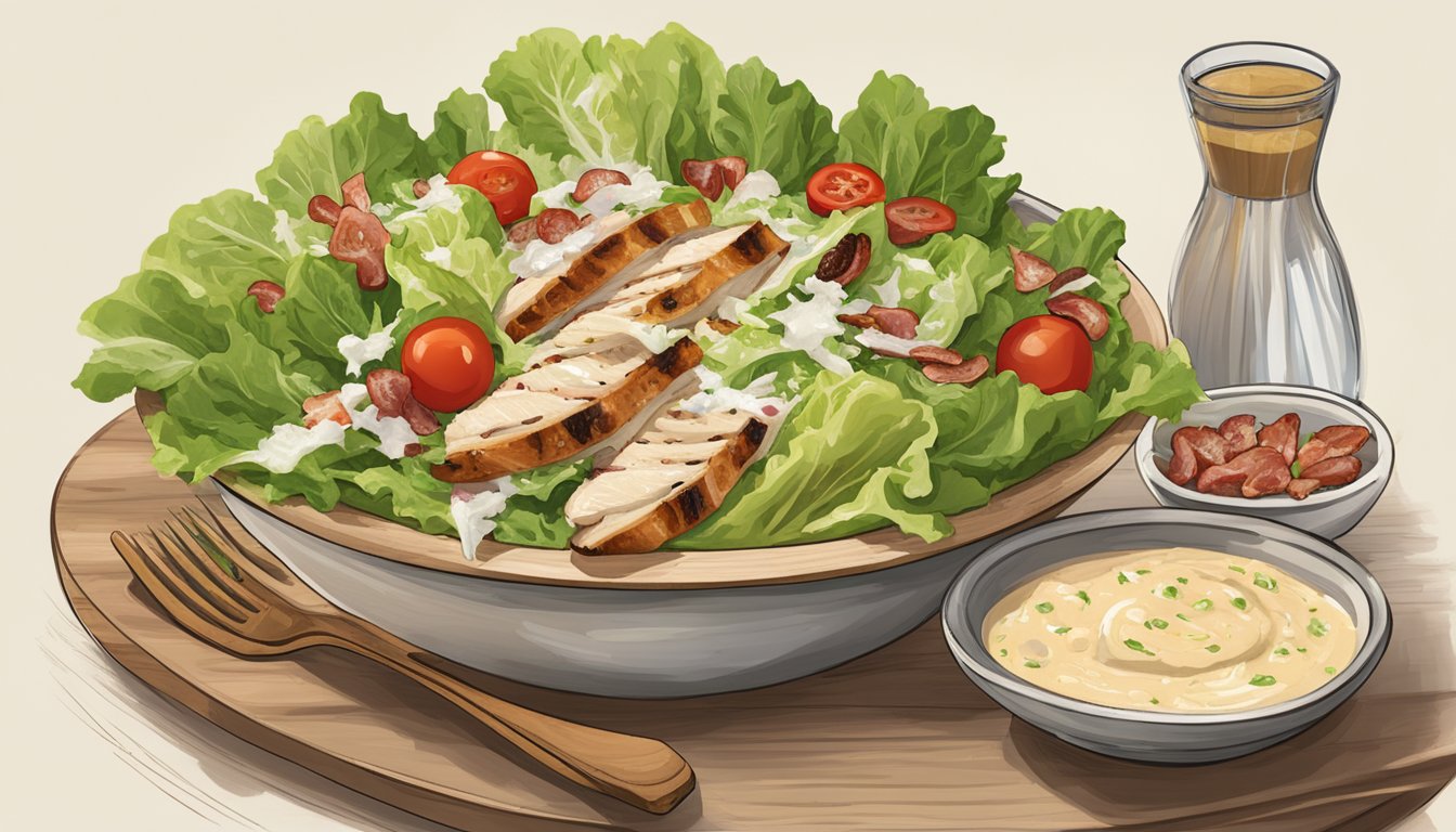 A wooden table set with a large, vibrant salad bowl filled with fresh romaine lettuce, cherry tomatoes, grilled chicken, crispy bacon, and shredded parmesan cheese, all drizzled with creamy caesar dressing