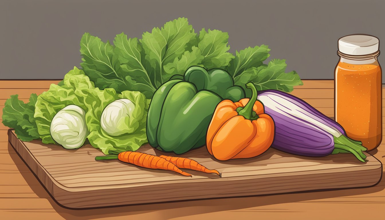 Fresh vegetables, like bell peppers, carrots, and lettuce, laid out on a wooden cutting board next to a bottle of Texas-style Thai sauce