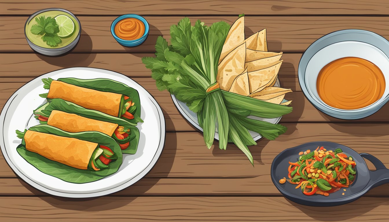 A rustic wooden table with a platter of vibrant, colorful Texas-style Thai veggie wraps, garnished with fresh herbs and served alongside a side of spicy peanut sauce