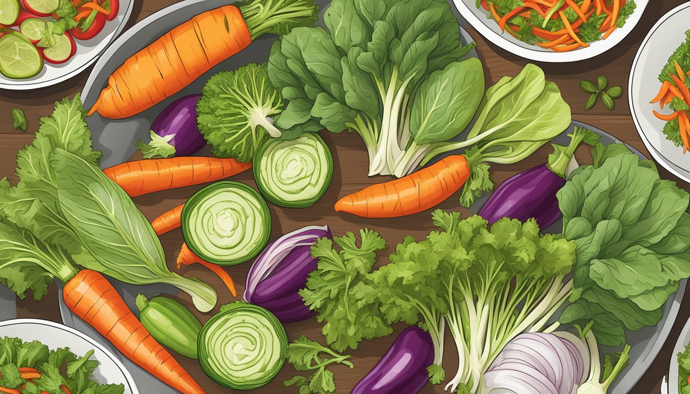 A colorful array of fresh vegetables and herbs, including bell peppers, carrots, cilantro, and lettuce, arranged around a plate of Texas-style Thai veggie wraps