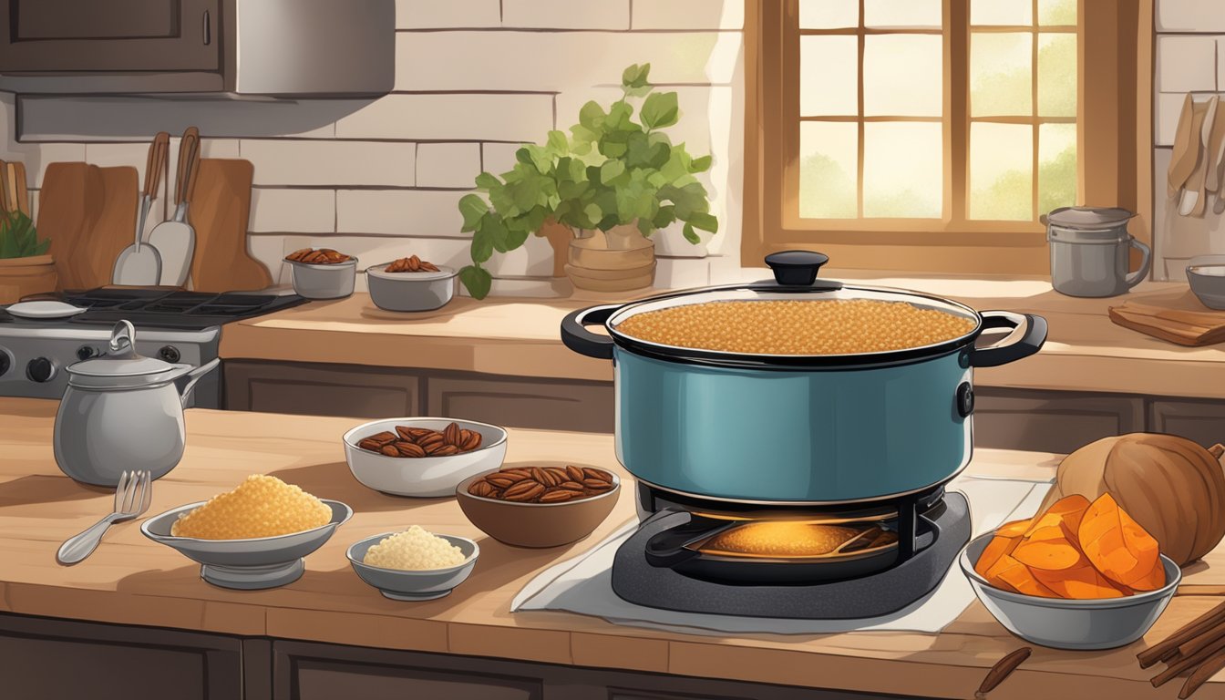 A rustic kitchen with a steaming pot of sweet potato brown rice pudding simmering on a stove, surrounded by ingredients like cinnamon, vanilla, and pecans