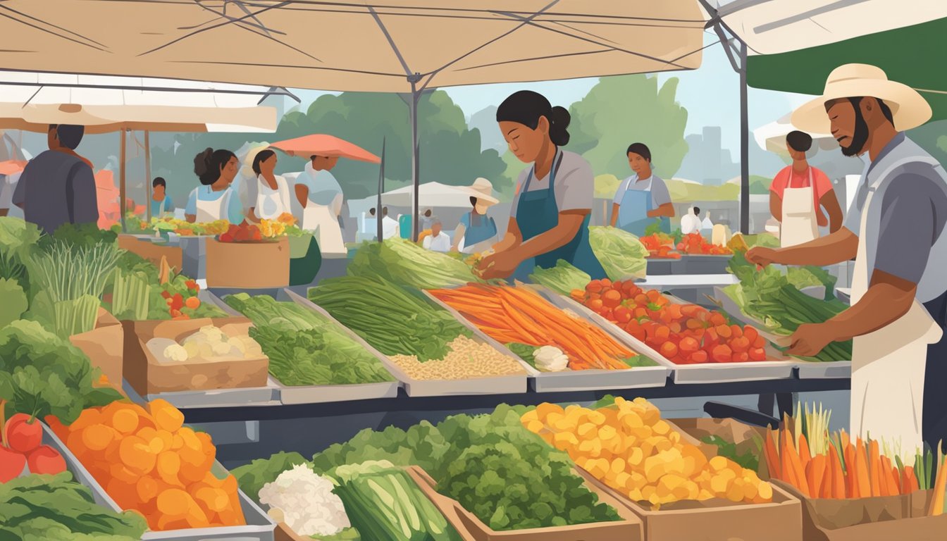 A bustling Texas farmer's market with colorful stalls selling fresh vegetables, herbs, and spices. A vendor demonstrates how to wrap Thai veggie wraps