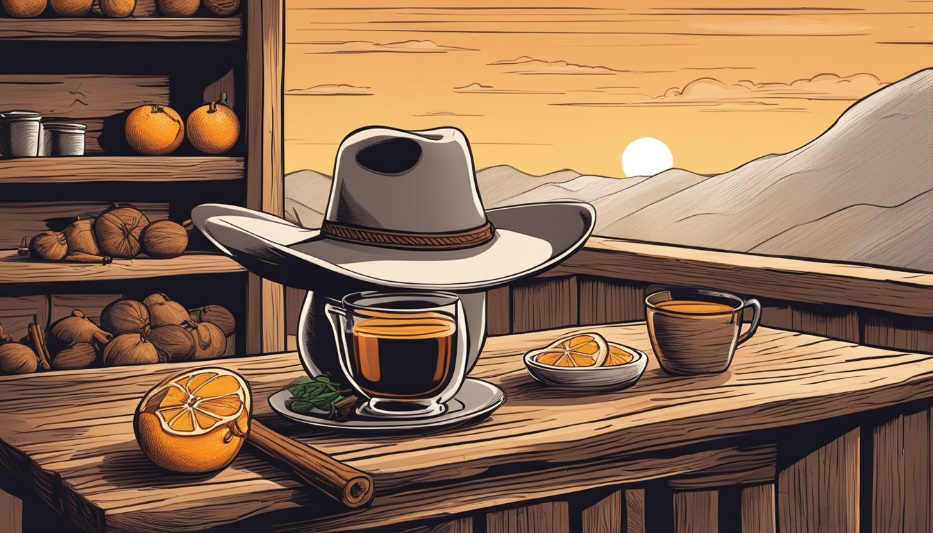 A rustic wooden table with a steaming pot of mulled wine, surrounded by oranges, cinnamon sticks, and cloves. A lone cowboy hat rests nearby