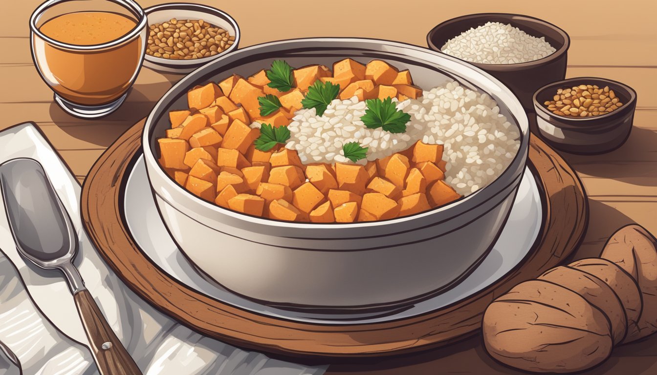 A rustic table set with a steaming bowl of Texas-style sweet potato and brown rice pudding, surrounded by fresh sweet potatoes and rice grains