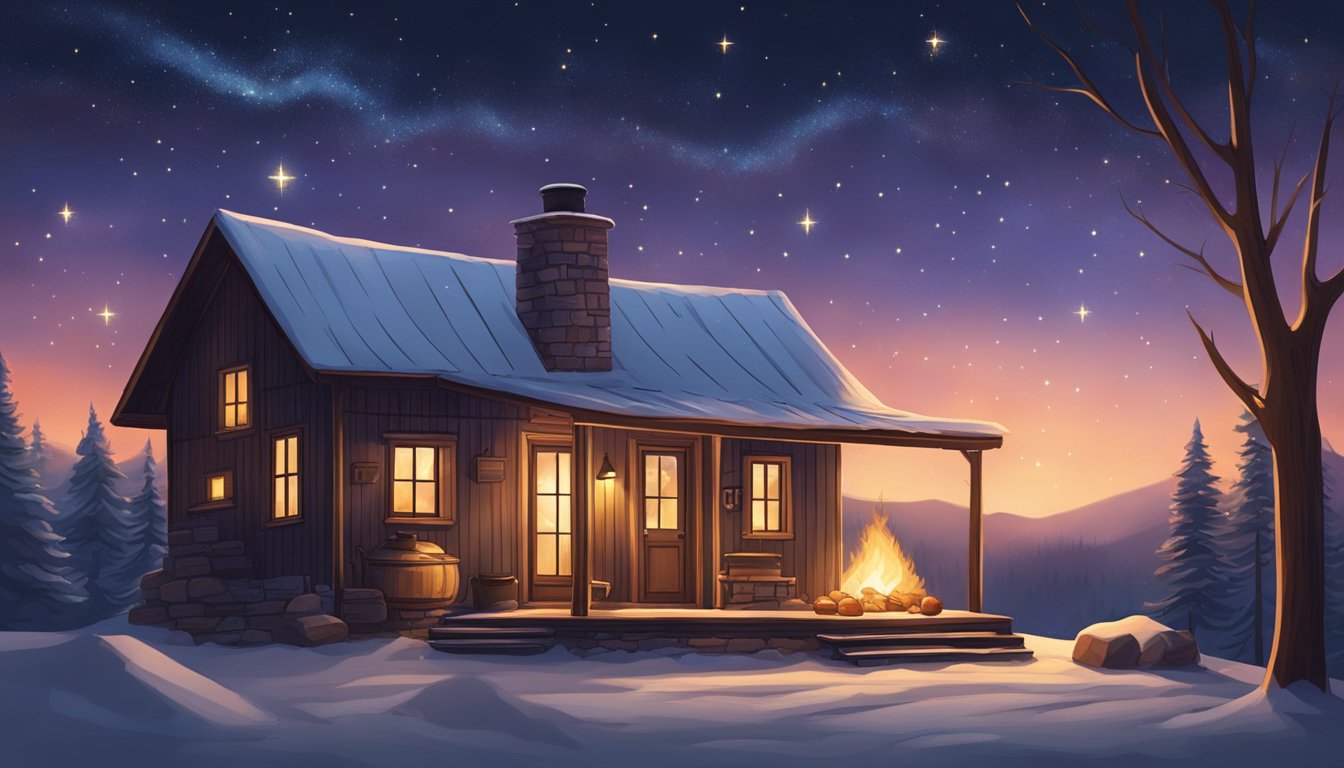 A cozy cabin with a crackling fire, surrounded by rolling hills and a starry Texas sky. A pot of mulled wine steams on the stove, filling the air with warm, spicy aromas