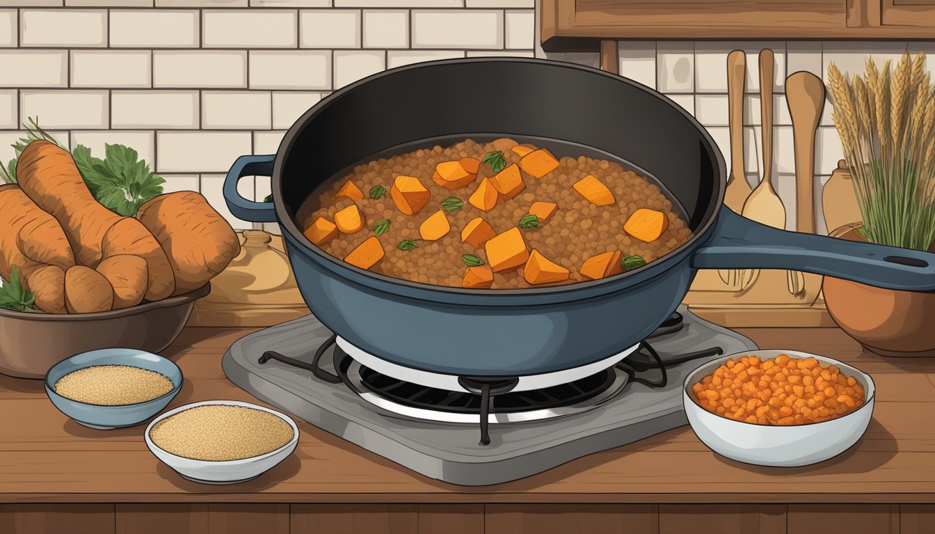 A rustic kitchen scene with a pot simmering on a stove, filled with sweet potatoes, brown rice, and other Texan ingredients