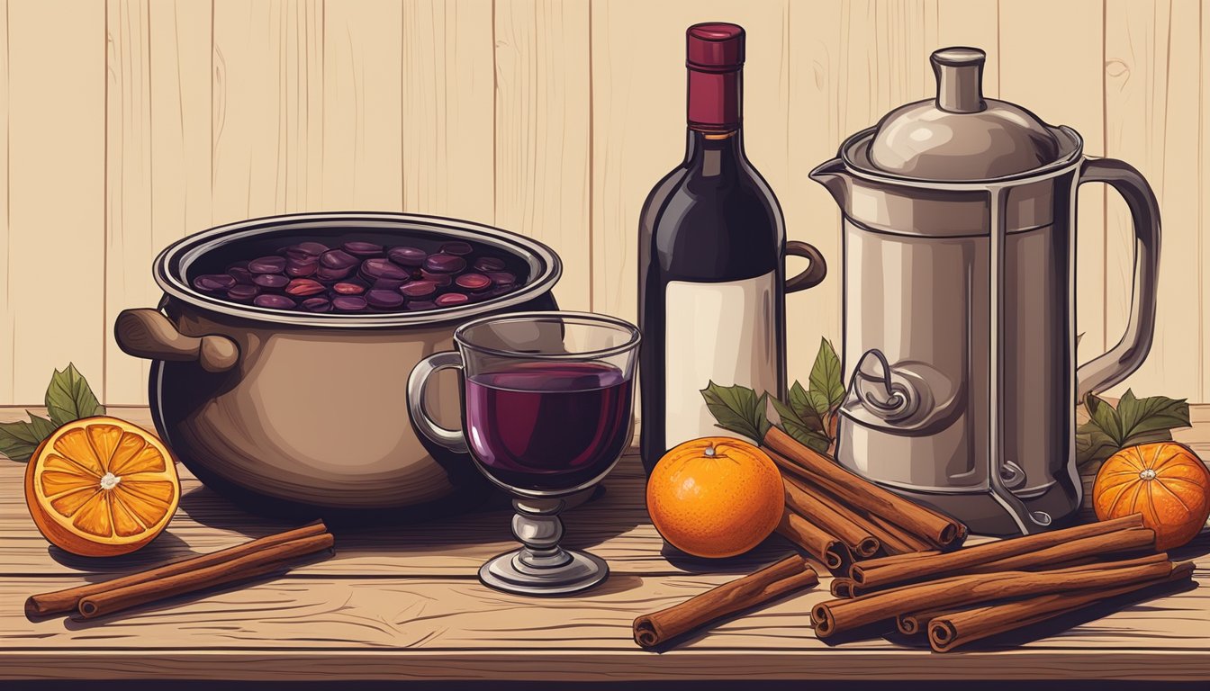 A rustic wooden table with a pot simmering mulled wine surrounded by cinnamon sticks, cloves, oranges, and a bottle of red wine