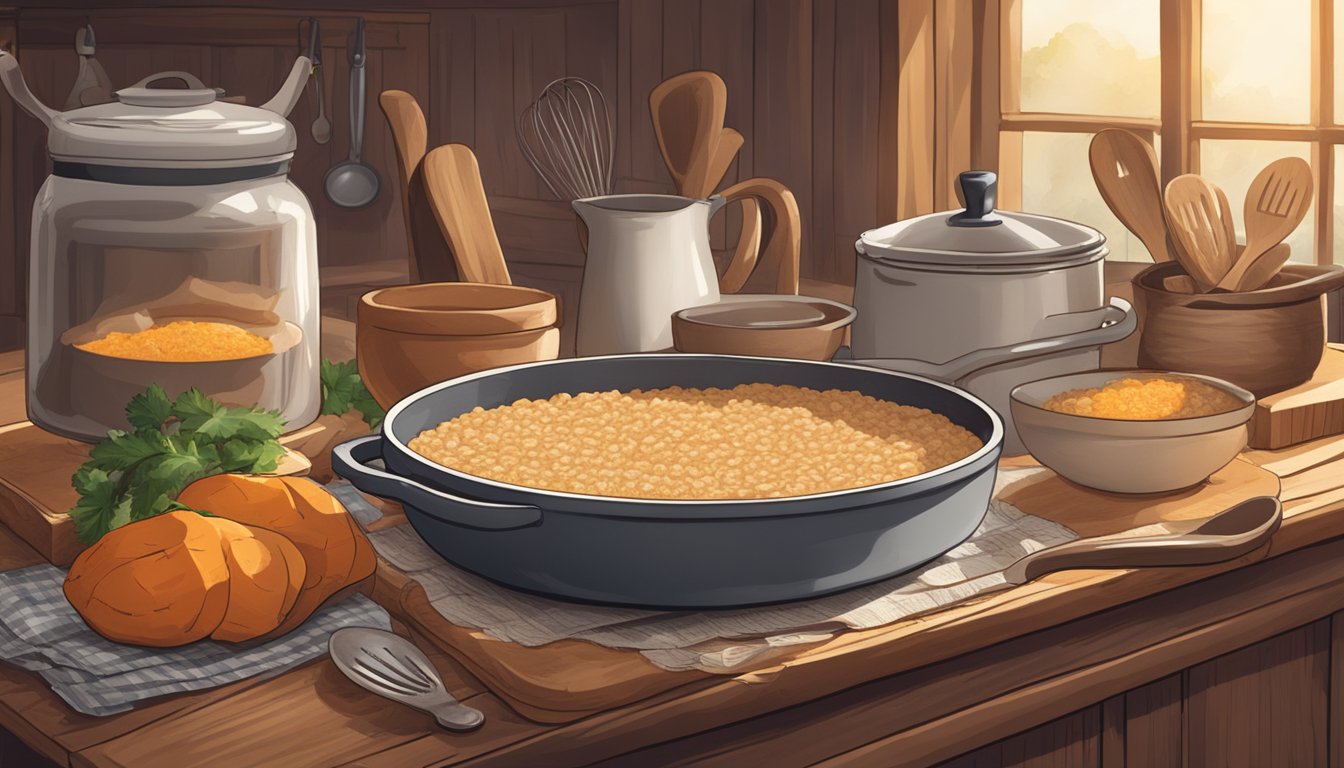 A rustic kitchen with a steaming pot of sweet potato brown rice pudding on a wooden table, surrounded by Texas-inspired cooking utensils and ingredients