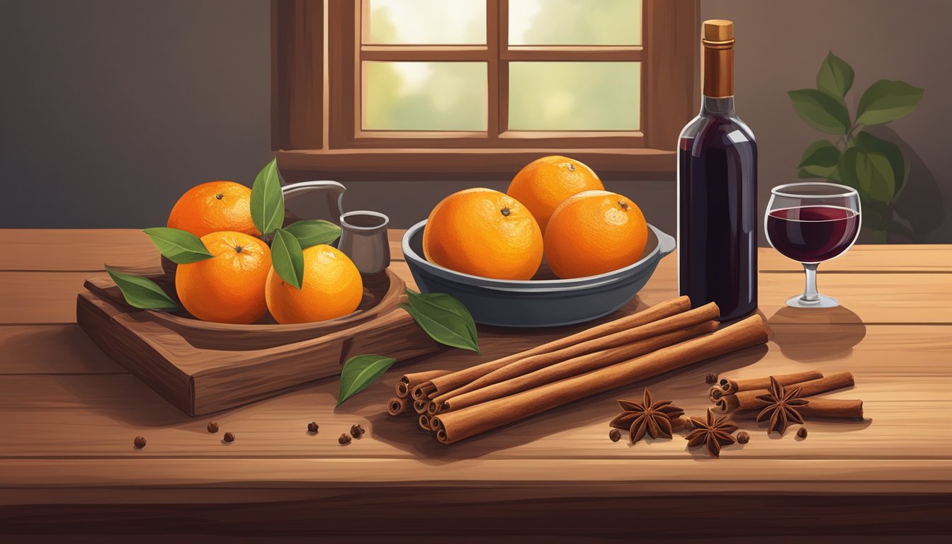 A rustic wooden table displays cinnamon sticks, cloves, and oranges next to a bottle of red wine and a pot simmering with spices