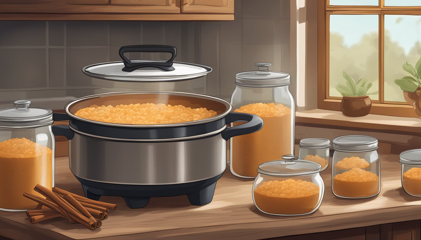 A rustic kitchen with a steaming pot of sweet potato brown rice pudding simmering on a stove, surrounded by jars of cinnamon and nutmeg