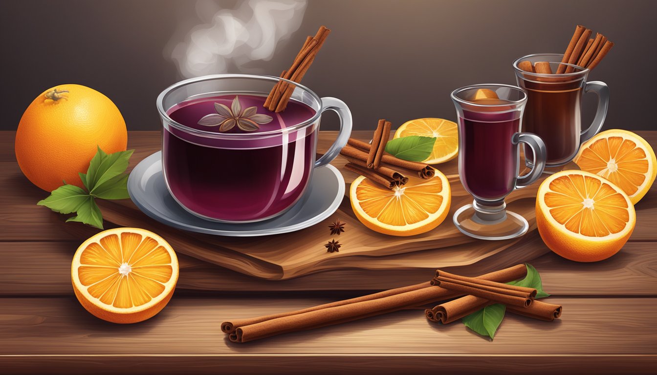 A rustic wooden table set with a steaming pot of mulled wine, surrounded by cinnamon sticks, cloves, and citrus fruits