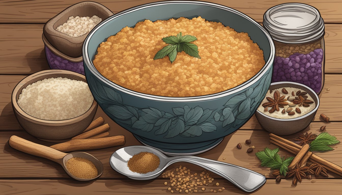 A rustic wooden table displays a steaming bowl of sweet potato brown rice pudding, surrounded by Texas-style spices and ingredients