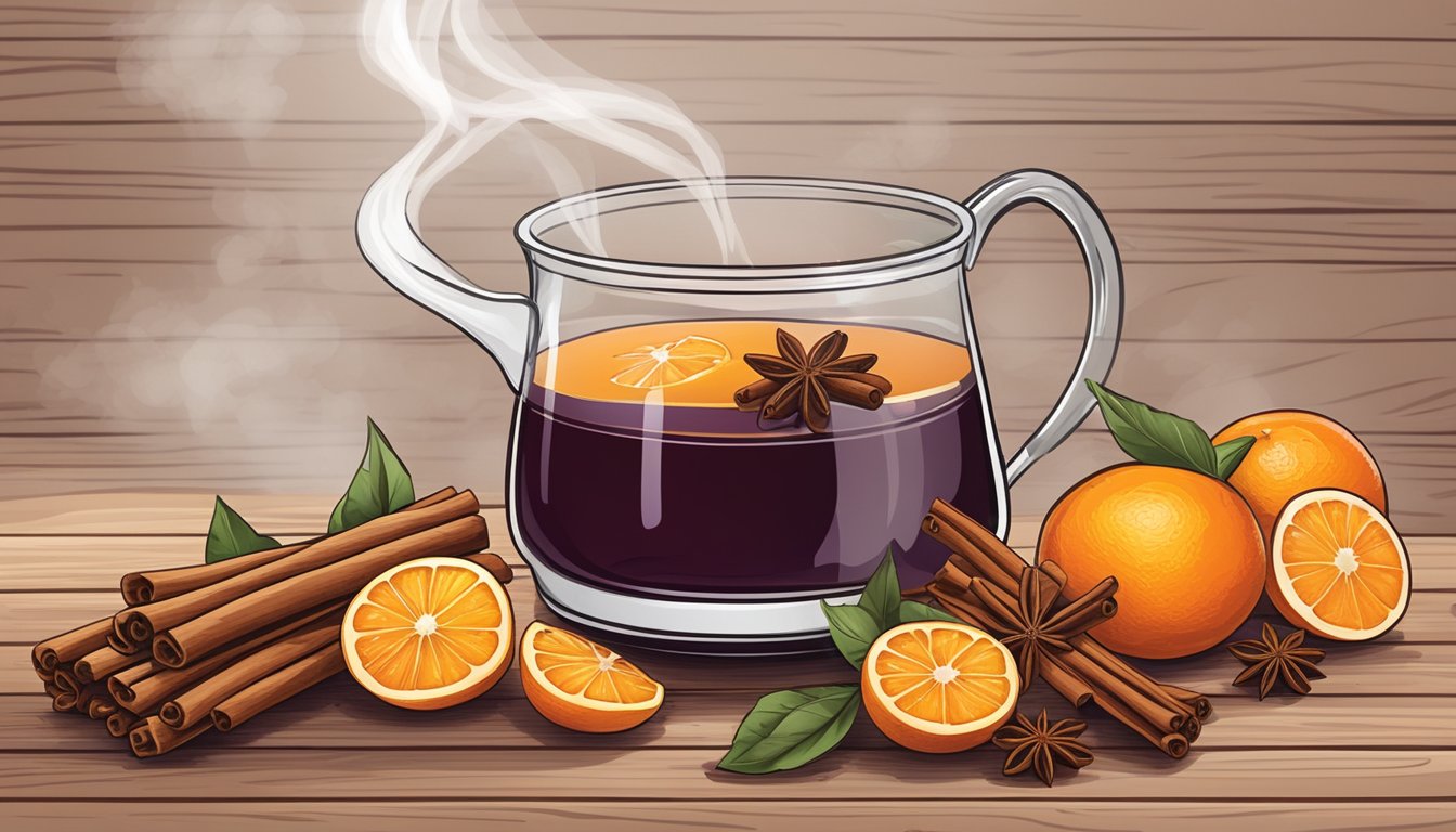 A rustic wooden table with a steaming pot of mulled wine, surrounded by cinnamon sticks, oranges, and cloves